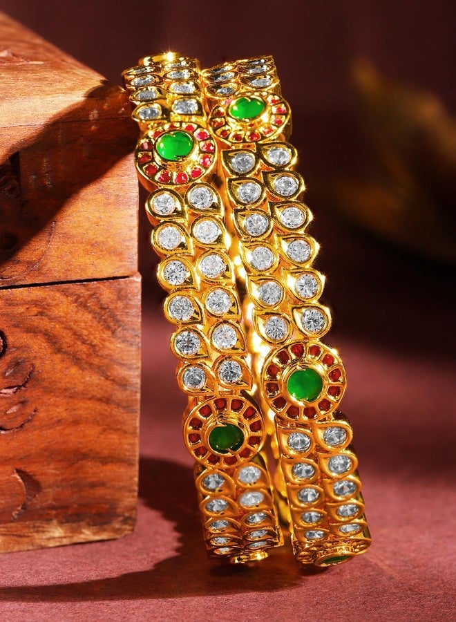 Rubans Set Of 2 24K Gold-Plated Ruby Pink & Emerald Green Kundan & White Cubic Zirconia Studded Handcrafted Bangles for Women & Girls| Elegant Wedding & Festive Jewelry - Image 3