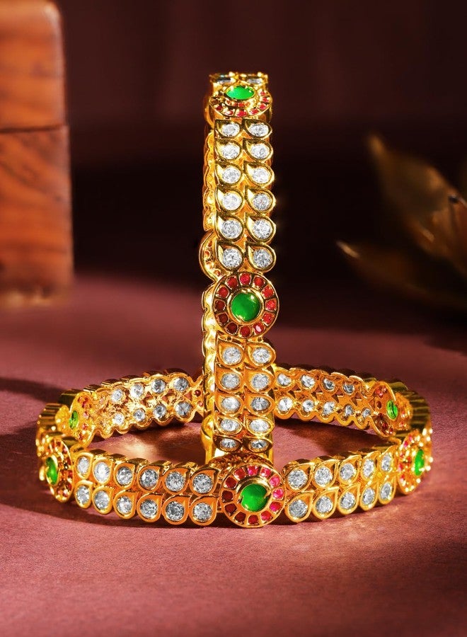 Rubans Set Of 2 24K Gold-Plated Ruby Pink & Emerald Green Kundan & White Cubic Zirconia Studded Handcrafted Bangles for Women & Girls| Elegant Wedding & Festive Jewelry - Image 4