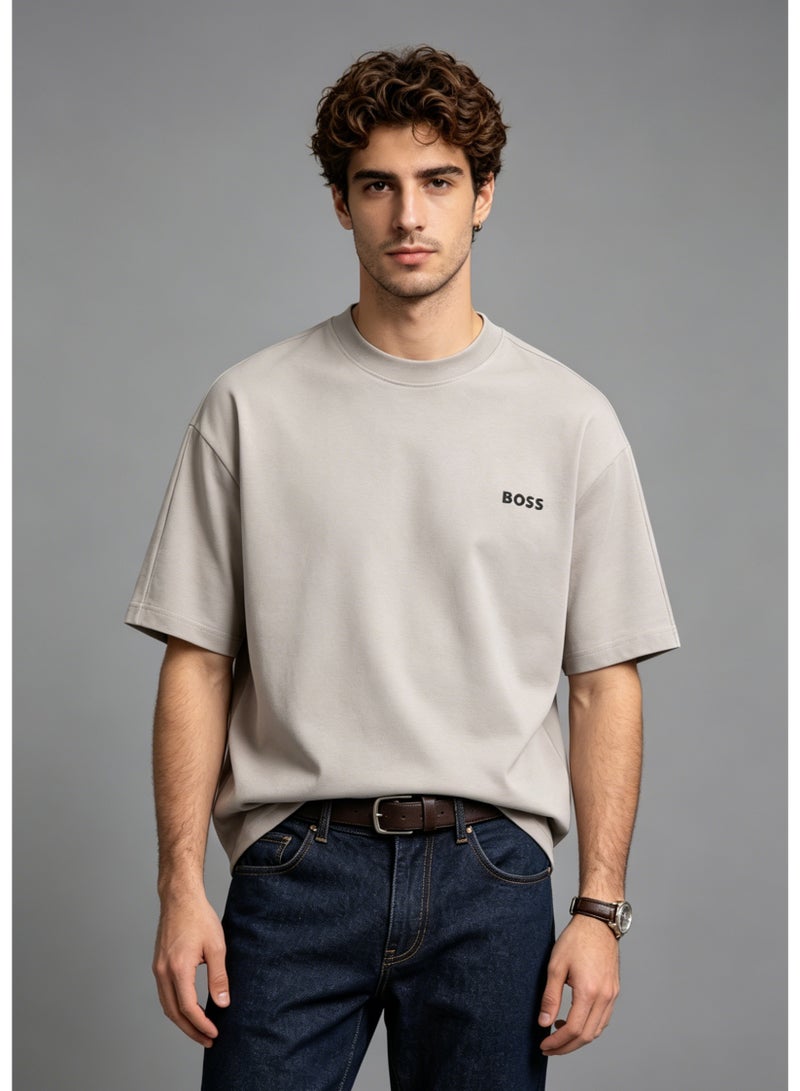 BOSS Men’s Printed Logo Crew Neck Loose Fit Short Sleeve Casual Cotton T-Shirt Khaki - Image 3