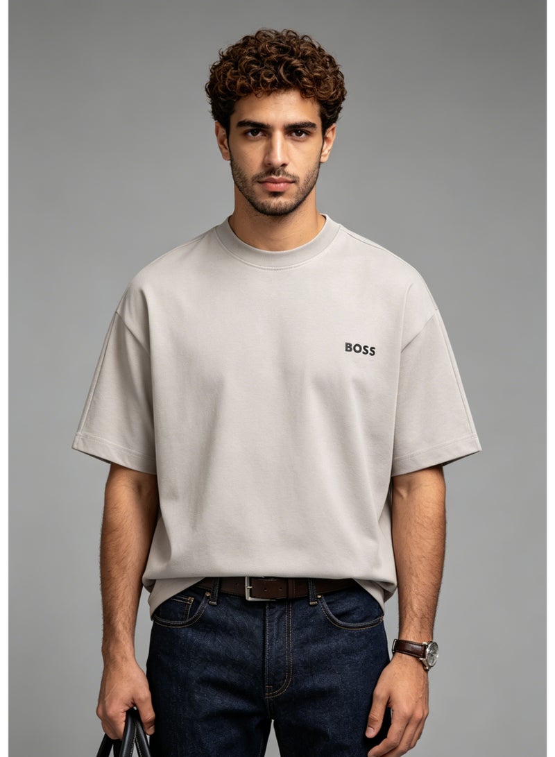 BOSS Men’s Printed Logo Crew Neck Loose Fit Short Sleeve Casual Cotton T-Shirt Khaki - Image 1