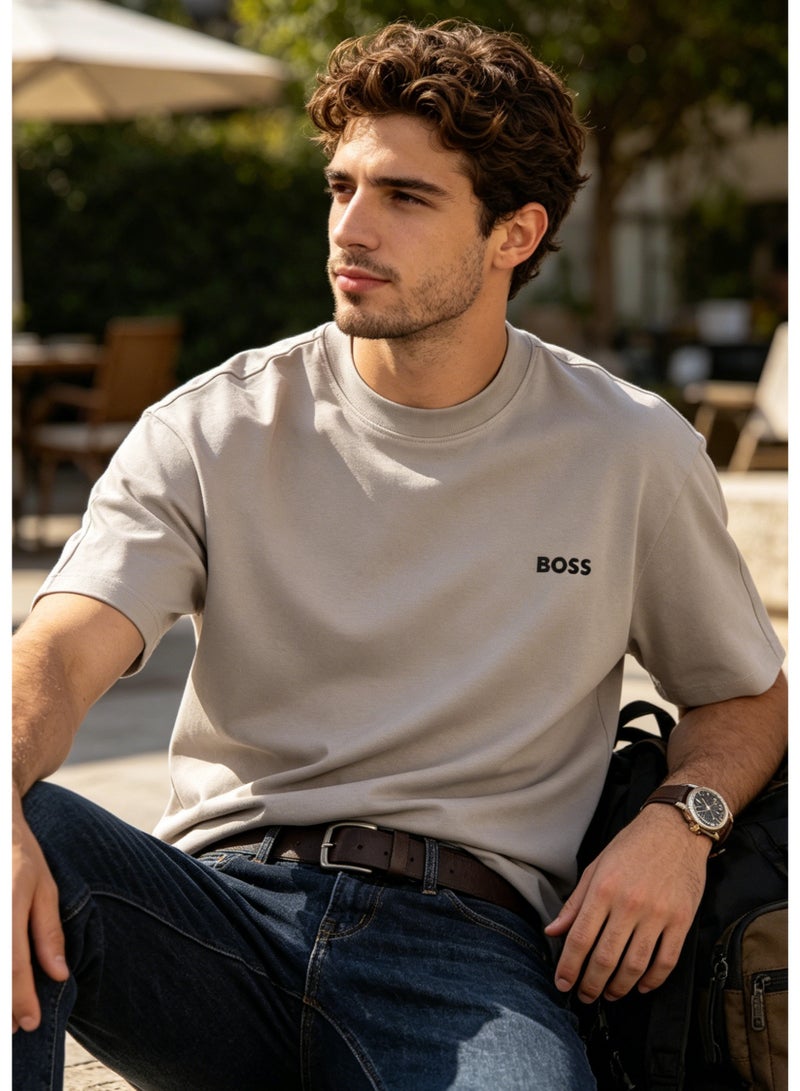 BOSS Men’s Printed Logo Crew Neck Loose Fit Short Sleeve Casual Cotton T-Shirt Khaki - Image 4
