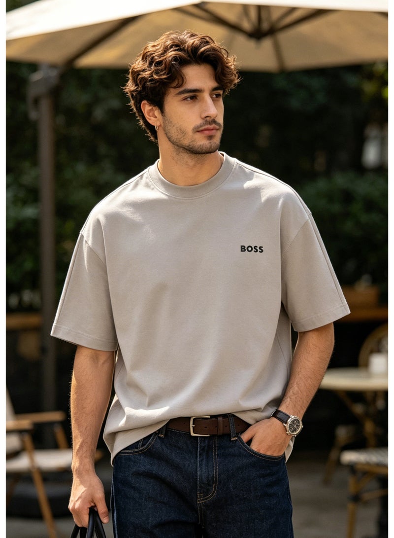 BOSS Men’s Printed Logo Crew Neck Loose Fit Short Sleeve Casual Cotton T-Shirt Khaki - Image 5