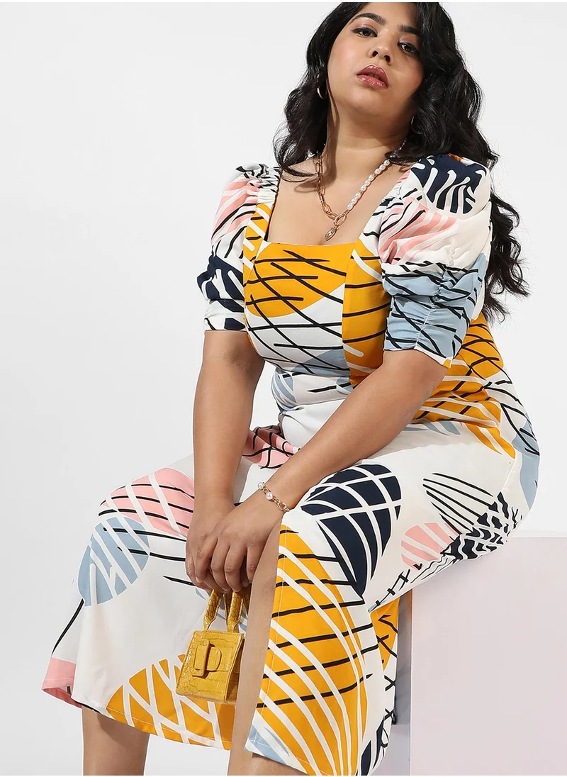Instafab Plus Women's White Botanical Print Dress