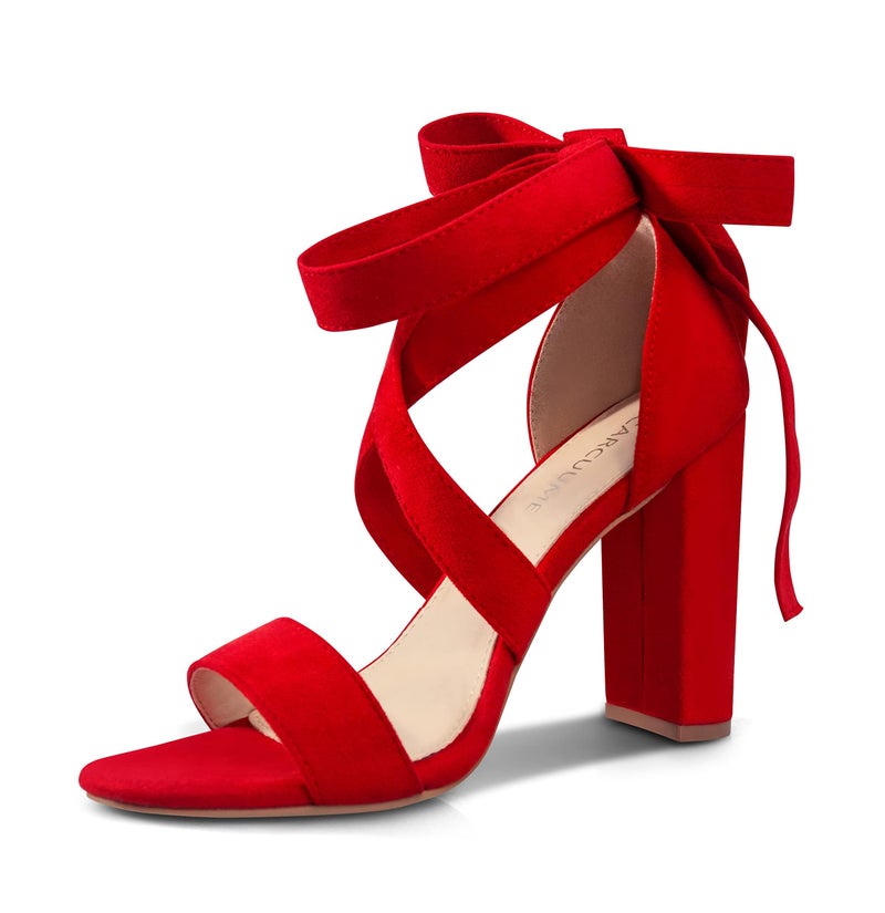 Carcuume Strappy Heels for Women Chunky Heels High Heeled Sandals with Lace Up Fahsion Casual Nude Block Heel Sandals,Ellery-RED-10 - Image 1