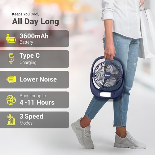 Dylect® Briza 180 Portable Rechargeable Fan | 3600mAh Battery | TruSilent BLDC Motor | 3-Speed | Up to 11h Runtime | USB Charging | Built-in LED Light | Ideal for Desk, Home & Travel | White - Image 5