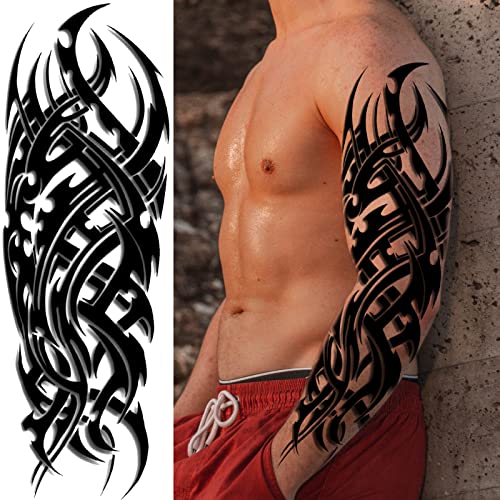 Briyhose Totem Fake Tattoos Sleeve For Men Women, Full Arm Tribal Polynesian Temporary Tattoo Sleeves Adult, Large Black Hawaiian Viking Dragon Temp Tatoo Sticker Leg Body Art Makeup, 8-Sheet - Image 3