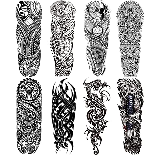 Briyhose Totem Fake Tattoos Sleeve For Men Women, Full Arm Tribal Polynesian Temporary Tattoo Sleeves Adult, Large Black Hawaiian Viking Dragon Temp Tatoo Sticker Leg Body Art Makeup, 8-Sheet - Image 1