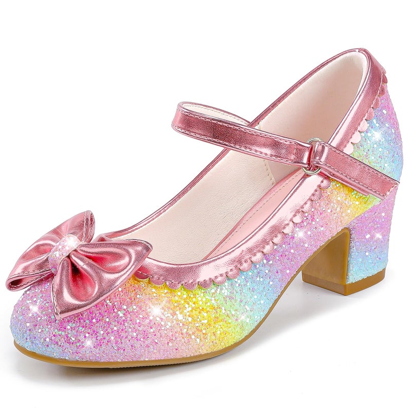 LAURMOSA Toddler Girls Rainbow Dress Shoes Kids High Heels Sparkle Princess Shoes Toddler High Heels Size 12 Wedding Party Pumps Kids Dress Princess Fancy Pump with Bow(L1036SeRainbow 12) - Image 1