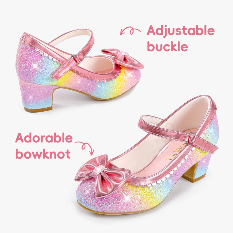 LAURMOSA Toddler Girls Rainbow Dress Shoes Kids High Heels Sparkle Princess Shoes Toddler High Heels Size 12 Wedding Party Pumps Kids Dress Princess Fancy Pump with Bow(L1036SeRainbow 12) - Image 5