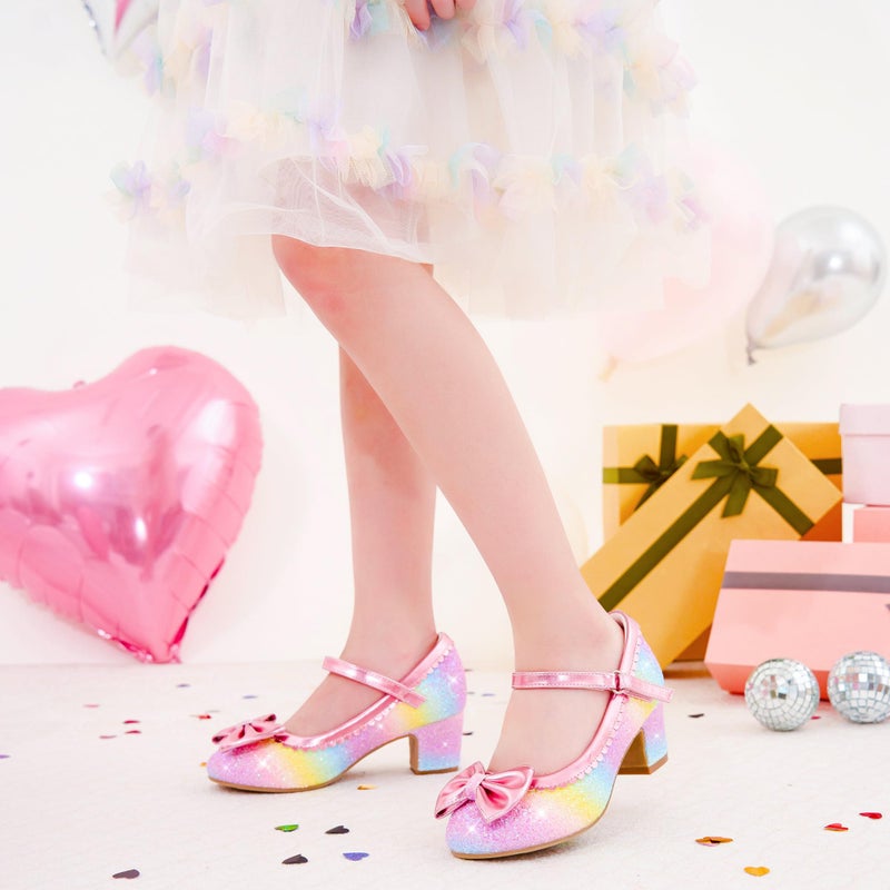 LAURMOSA Toddler Girls Rainbow Dress Shoes Kids High Heels Sparkle Princess Shoes Toddler High Heels Size 12 Wedding Party Pumps Kids Dress Princess Fancy Pump with Bow(L1036SeRainbow 12) - Image 2