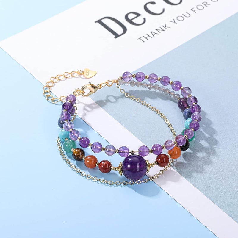 Excefore Healing Amethyst Crystals Bracelets - 3 Layers 14K Gold Plated Bracelet with 7 Chakra Crystal Stones - Reiki Healing Gemstones Jewelry for Women - Gifts for Girlfriend and Mom - Image 5