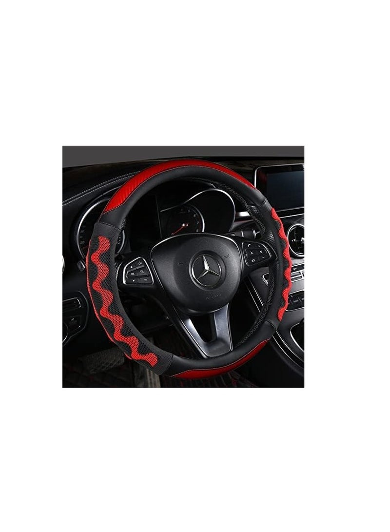 Universal 15 Inch Leather Steering Wheel Cover, Breathable Microfiber, Anti-Slip Odorless Protector in Black and Red - Image 1