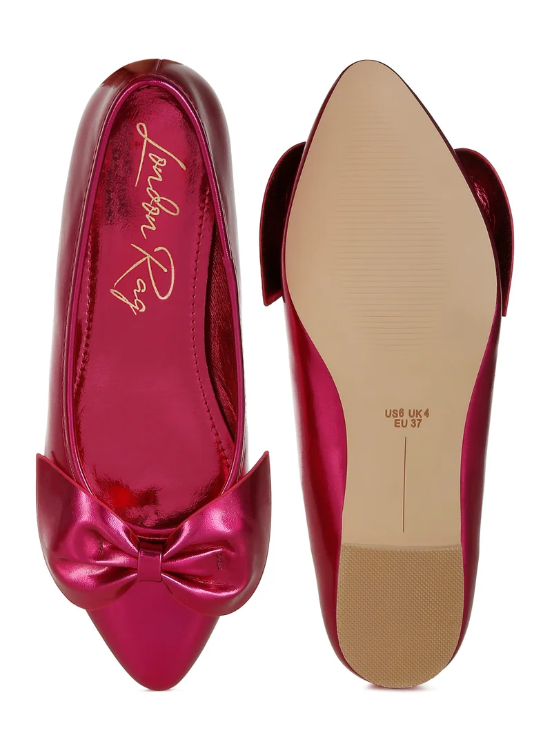 London Rag Metallic Pleather Bow Ballerinas in Fuchsia