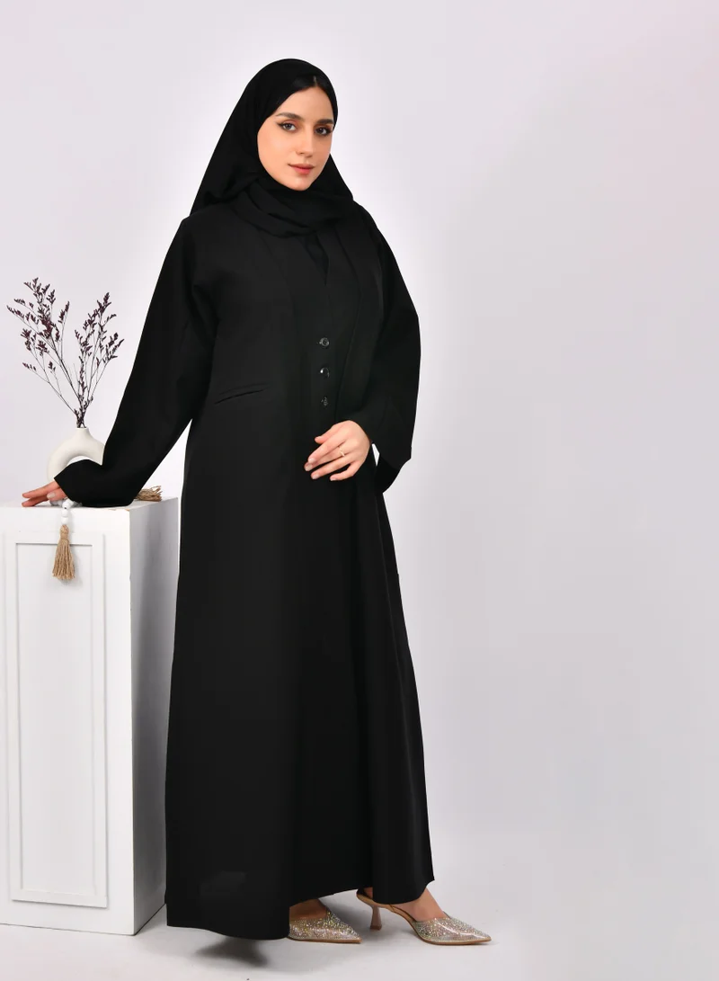 HAWRAA ABAYA Black abaya with blazer design, closed shoulder straps, buttons, and side pockets