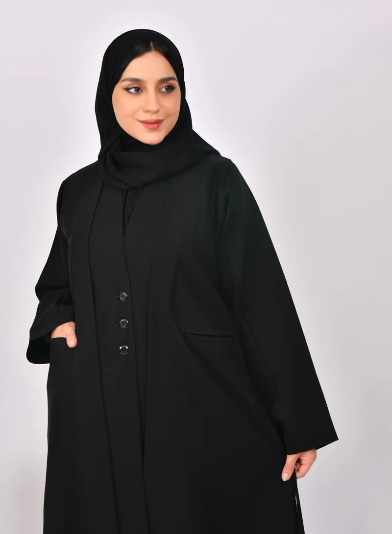 HAWRAA ABAYA Black abaya with blazer design, closed shoulder straps, buttons, and side pockets