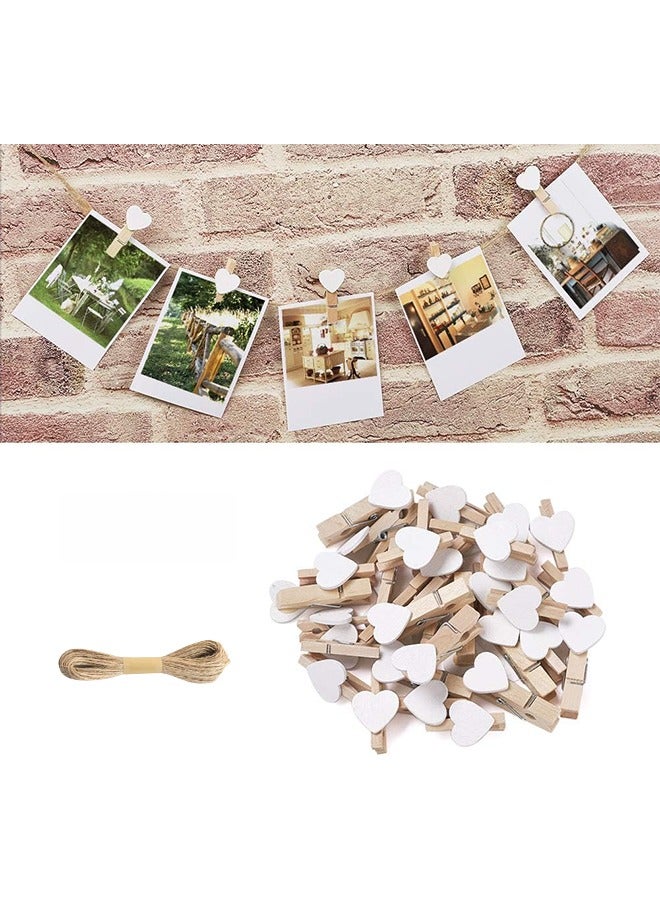 Generic 25-Piece  White Heart Shape Wooden Photo Clips,Mini Clothes Pins for Photo,with 5M Twine String for Hanging Pictures  - Image 1