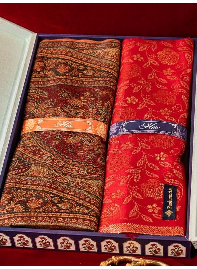 Pashmoda His and Her Gift Set of Jamawar Shawl and Kaani Stole With Wooden Gift Box - Image 2