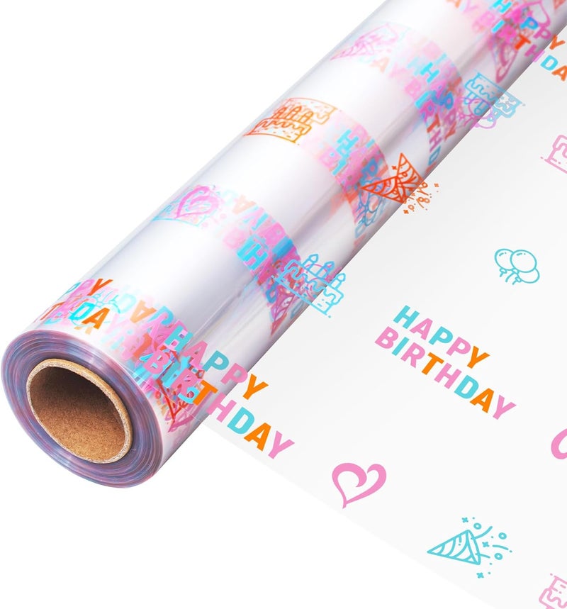 JOYIT 100' Long X 35” Wide Happy Birthday Cellophane Wrap Roll - 3 Mil Thick Clear Cellophane Roll, Birthday Cellophane Bags Large, Wrapping Paper for Flower Gift Baskets Wrap (35" fold into 17.5") - Image 1