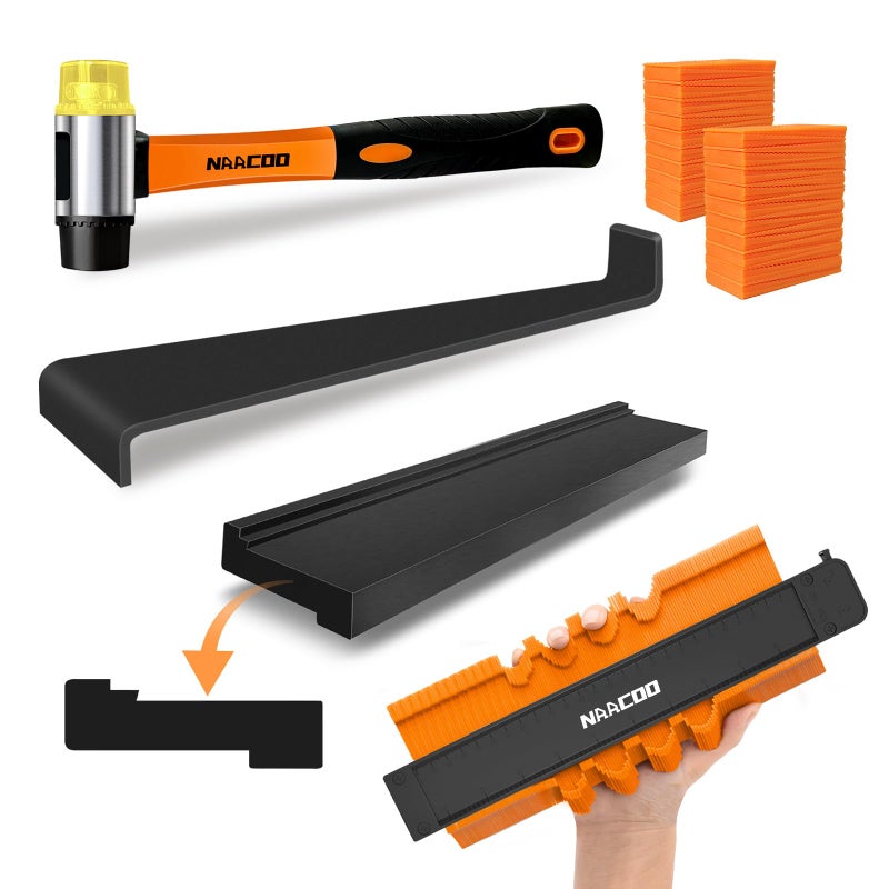 NAACOO Laminate/Vinyl Flooring Tools, Tapping Block for Vinyl Plank Flooring-Double Sided with Notches,10In Contour Gauge, Pull Bar, 40Pcs Floor Spacers,Rubber Mallet. Universal Floor Installation kit - Image 1