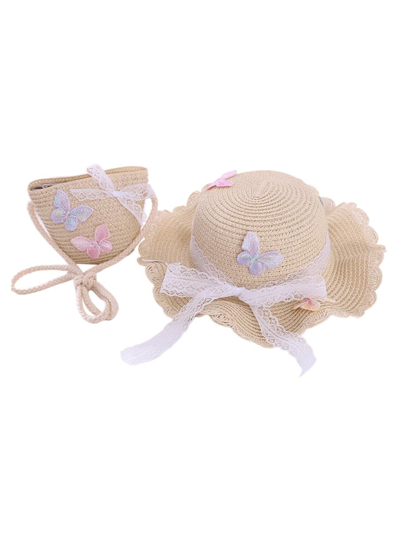 Excefore Straw Hat and Straw Bag for Kids, 2 Pcs Cute Butterfly Lace Hat ＆ Straw Crossbody Bag, Sun Protection Outdoor Adorable Tourism Straw Hat for Girls, Summer Beach Sun Visor Hat & Straw Bag, Beige  - Image 1