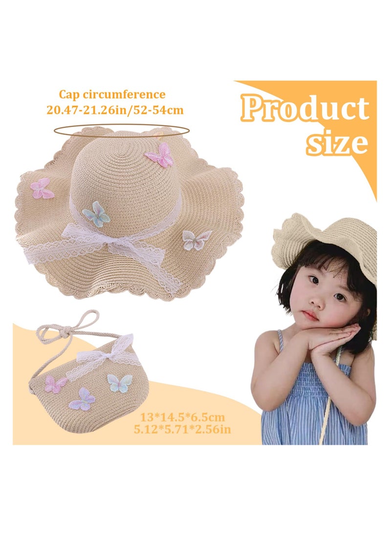 Excefore Straw Hat and Straw Bag for Kids, 2 Pcs Cute Butterfly Lace Hat ＆ Straw Crossbody Bag, Sun Protection Outdoor Adorable Tourism Straw Hat for Girls, Summer Beach Sun Visor Hat & Straw Bag, Beige  - Image 2