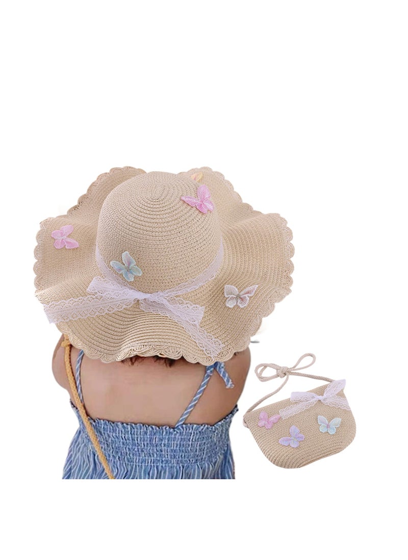 Excefore Straw Hat and Straw Bag for Kids, 2 Pcs Cute Butterfly Lace Hat ＆ Straw Crossbody Bag, Sun Protection Outdoor Adorable Tourism Straw Hat for Girls, Summer Beach Sun Visor Hat & Straw Bag, Beige  - Image 3