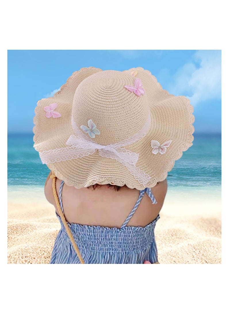 Excefore Straw Hat and Straw Bag for Kids, 2 Pcs Cute Butterfly Lace Hat ＆ Straw Crossbody Bag, Sun Protection Outdoor Adorable Tourism Straw Hat for Girls, Summer Beach Sun Visor Hat & Straw Bag, Beige  - Image 4
