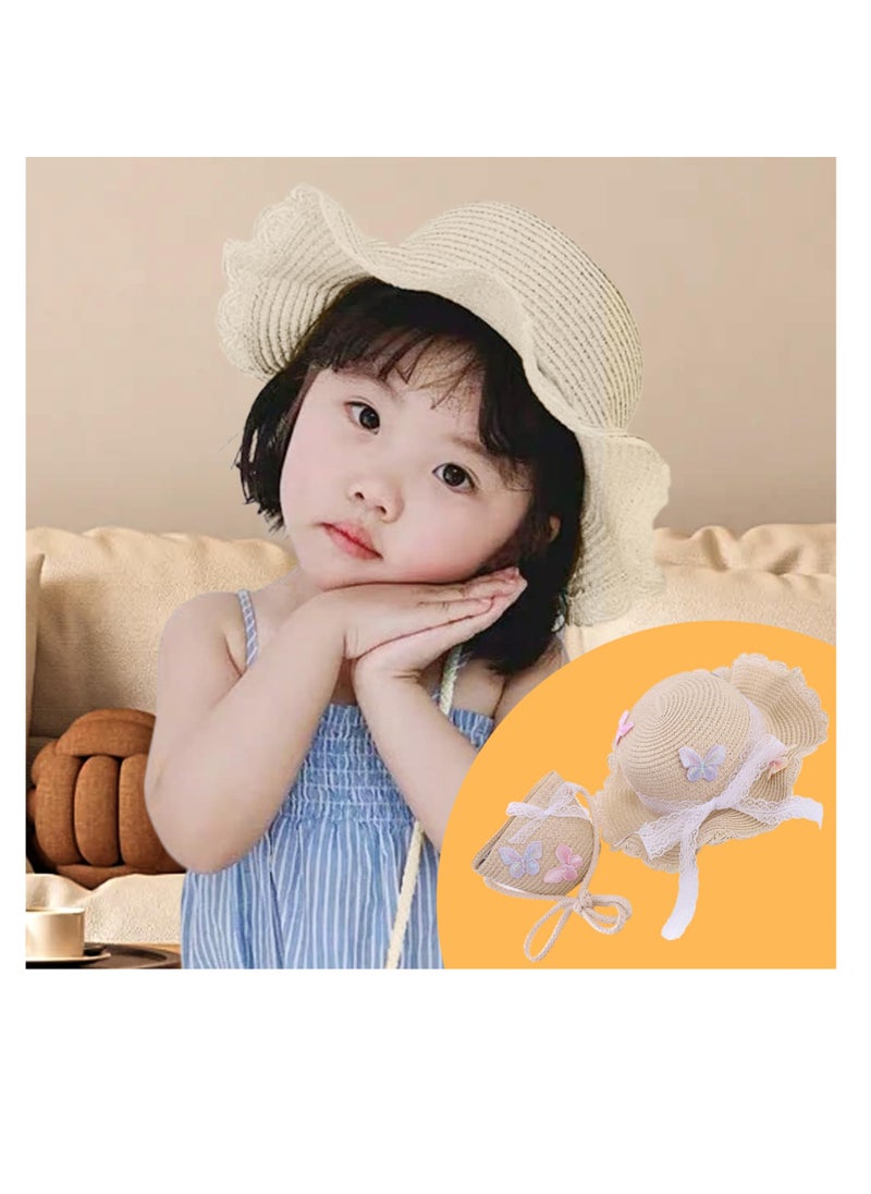 Excefore Straw Hat and Straw Bag for Kids, 2 Pcs Cute Butterfly Lace Hat ＆ Straw Crossbody Bag, Sun Protection Outdoor Adorable Tourism Straw Hat for Girls, Summer Beach Sun Visor Hat & Straw Bag, Beige  - Image 5