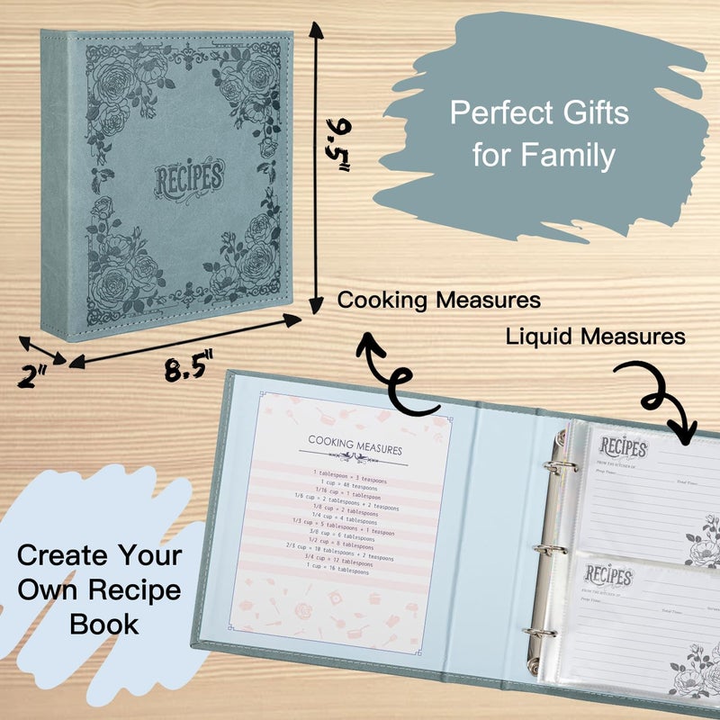 COFACE Recipe Binder – 8.5x9.5 Recipe Ring Binder with PU Faux Leather Cover, 4x6 Cards and Tabbed Dividers, Aquamarine - Image 4