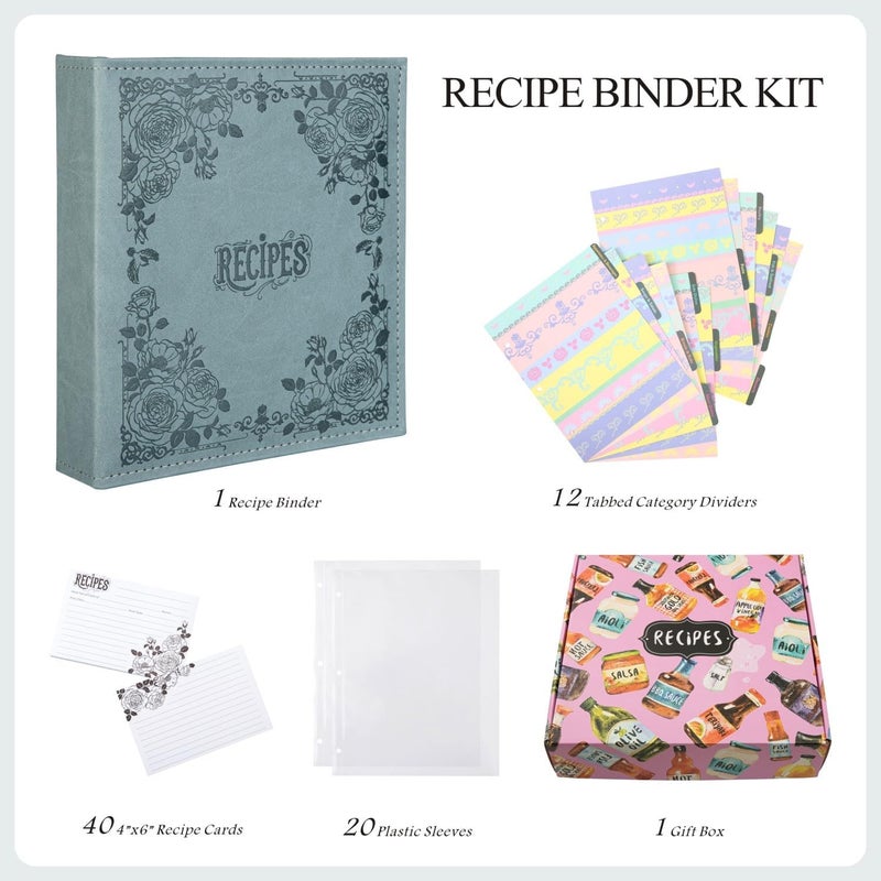 COFACE Recipe Binder – 8.5x9.5 Recipe Ring Binder with PU Faux Leather Cover, 4x6 Cards and Tabbed Dividers, Aquamarine - Image 2