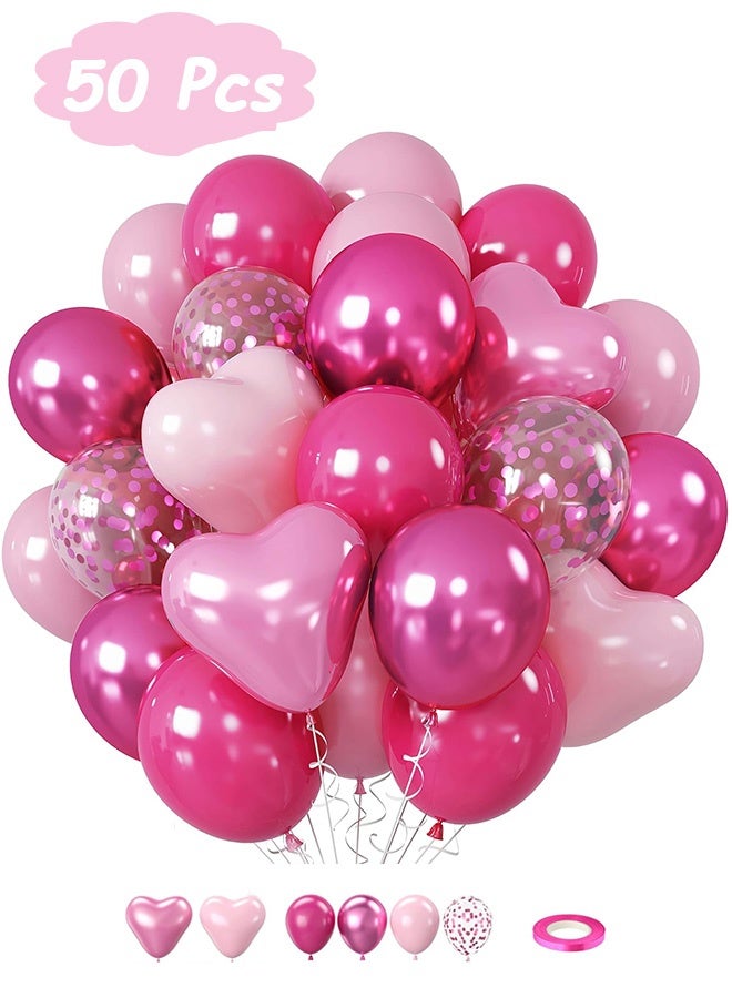 MXN 50 Pcs Hot Pink Balloons - Metallic Pink Magenta Balloons - Magenta Heart Balloons for Girls Women Princess Valentine's Day Birthday Baby Shower Engagement Party Wedding Decor - Image 1