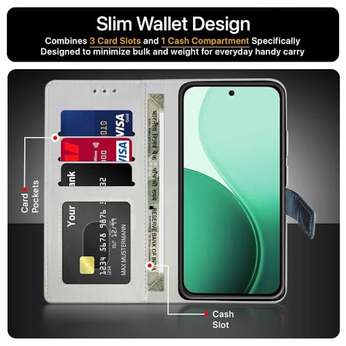 FLIPPED Vegan Leather Flip Case Back Cover for Oppo Reno 14 5G (Flexible, Shock Proof | Hand Stitched Leather Finish | Card Pockets Wallet & Stand | Blue with Aquamarine) - Image 3