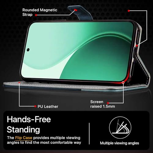FLIPPED Vegan Leather Flip Case Back Cover for Oppo Reno 14 5G (Flexible, Shock Proof | Hand Stitched Leather Finish | Card Pockets Wallet & Stand | Blue with Aquamarine) - Image 5