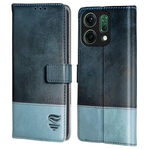 FLIPPED Vegan Leather Flip Case Back Cover for Oppo Reno 14 5G (Flexible, Shock Proof | Hand Stitched Leather Finish | Card Pockets Wallet & Stand | Blue with Aquamarine) - Image 1