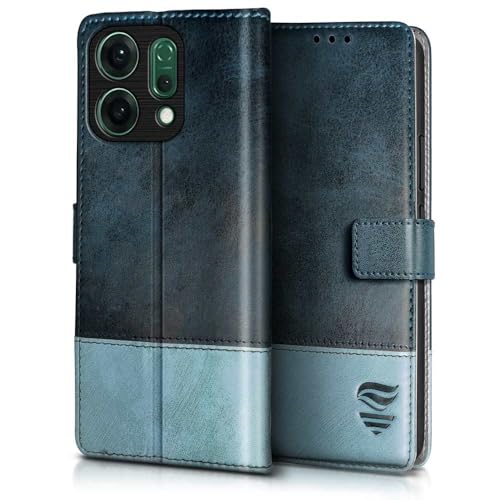FLIPPED Vegan Leather Flip Case Back Cover for Oppo Reno 14 5G (Flexible, Shock Proof | Hand Stitched Leather Finish | Card Pockets Wallet & Stand | Blue with Aquamarine) - Image 2