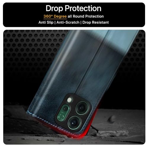 FLIPPED Vegan Leather Flip Case Back Cover for Oppo Reno 14 5G (Flexible, Shock Proof | Hand Stitched Leather Finish | Card Pockets Wallet & Stand | Blue with Aquamarine) - Image 4