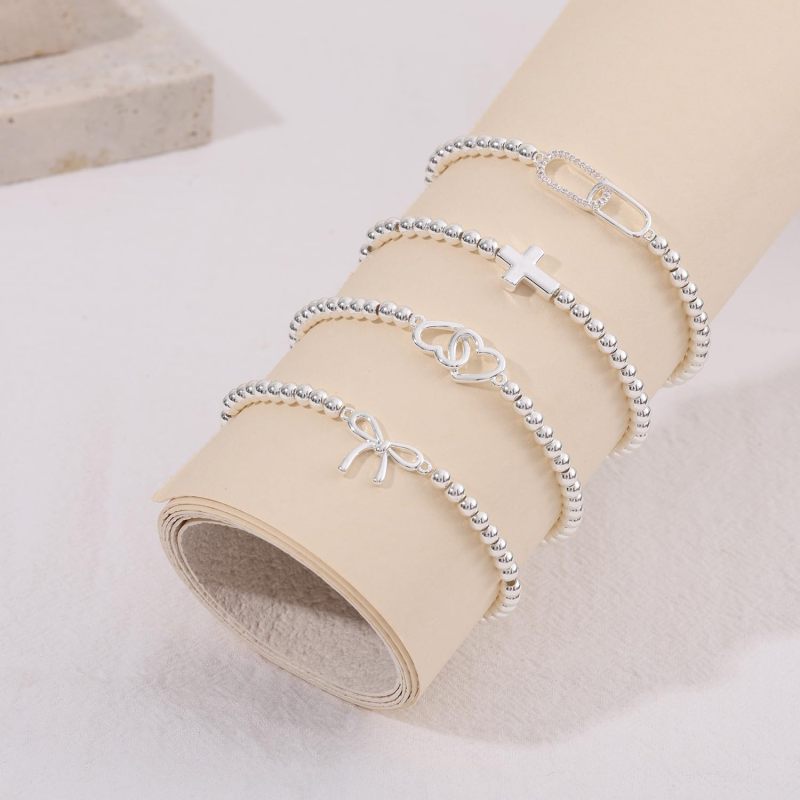14K Gold Plated Beaded Bracelet: 6.9-Inch Stretch Fit, Hypoallergenic Durable Design - Love Knot Heart Charm Bracelet for Women, Daily Wear Gifting Occasions - Image 5