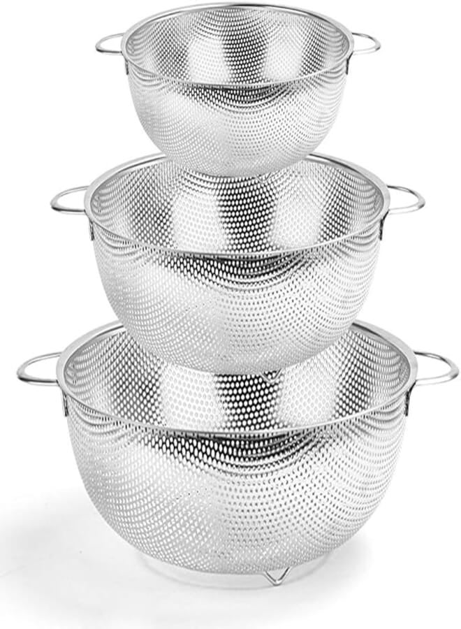 HaWare Stainless Steel Colander Set of 3, Metal Colanders with Handle, Perforated Strainer for Kitchen Pasta/Vegetable/Rice/Fruit/Food - Dishwasher Safe (16/22/28 cm)