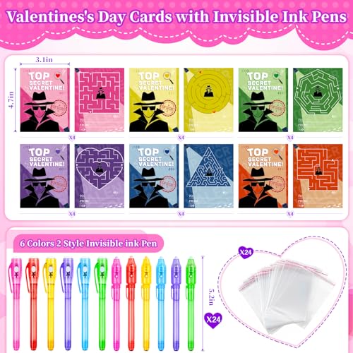 Zenoble 24 Pack Valentines Day Cards for Kids Classroom with Valentine Pens Valentines Magic Spy Pen Gifts for Classroom Exchange Rewards Party Favors Prizes - Image 5