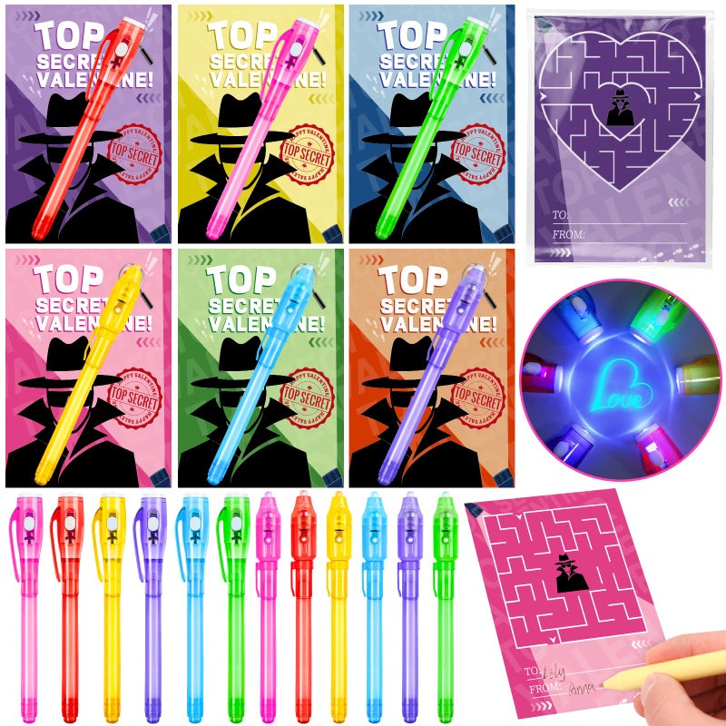 Zenoble 24 Pack Valentines Day Cards for Kids Classroom with Valentine Pens Valentines Magic Spy Pen Gifts for Classroom Exchange Rewards Party Favors Prizes - Image 3