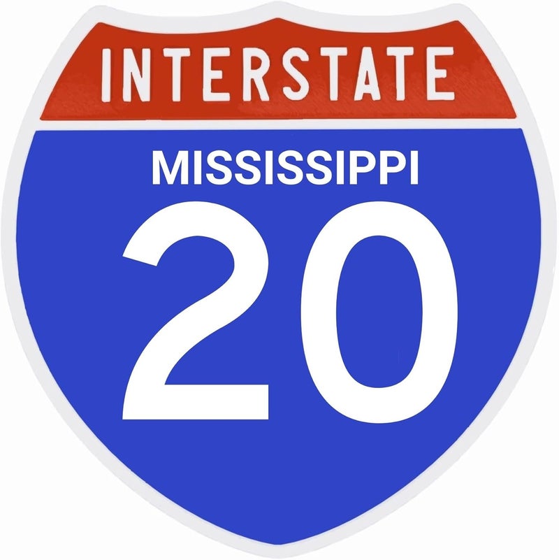 Nexus Box Interstate 20 Road Sign Replica | Personalized Travel Sign Board | Home, Office and Workspace Decor | Blue & Red Background with White Text - MISSISSIPPI (Adhesive pad Included) - 8.53" x 8.54" - Image 1