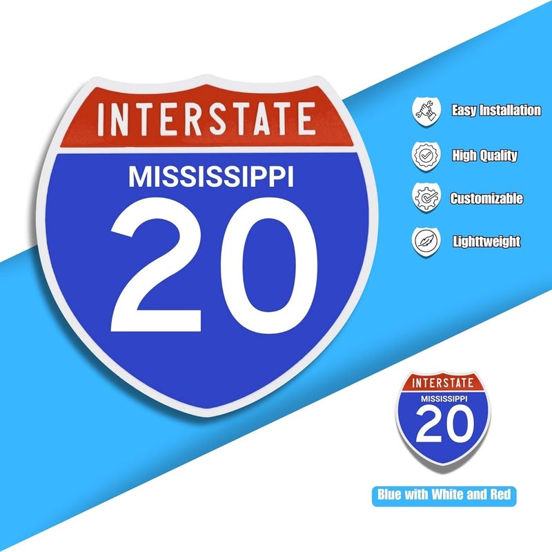 Nexus Box Interstate 20 Road Sign Replica | Personalized Travel Sign Board | Home, Office and Workspace Decor | Blue & Red Background with White Text - MISSISSIPPI (Adhesive pad Included) - 8.53" x 8.54" - Image 2
