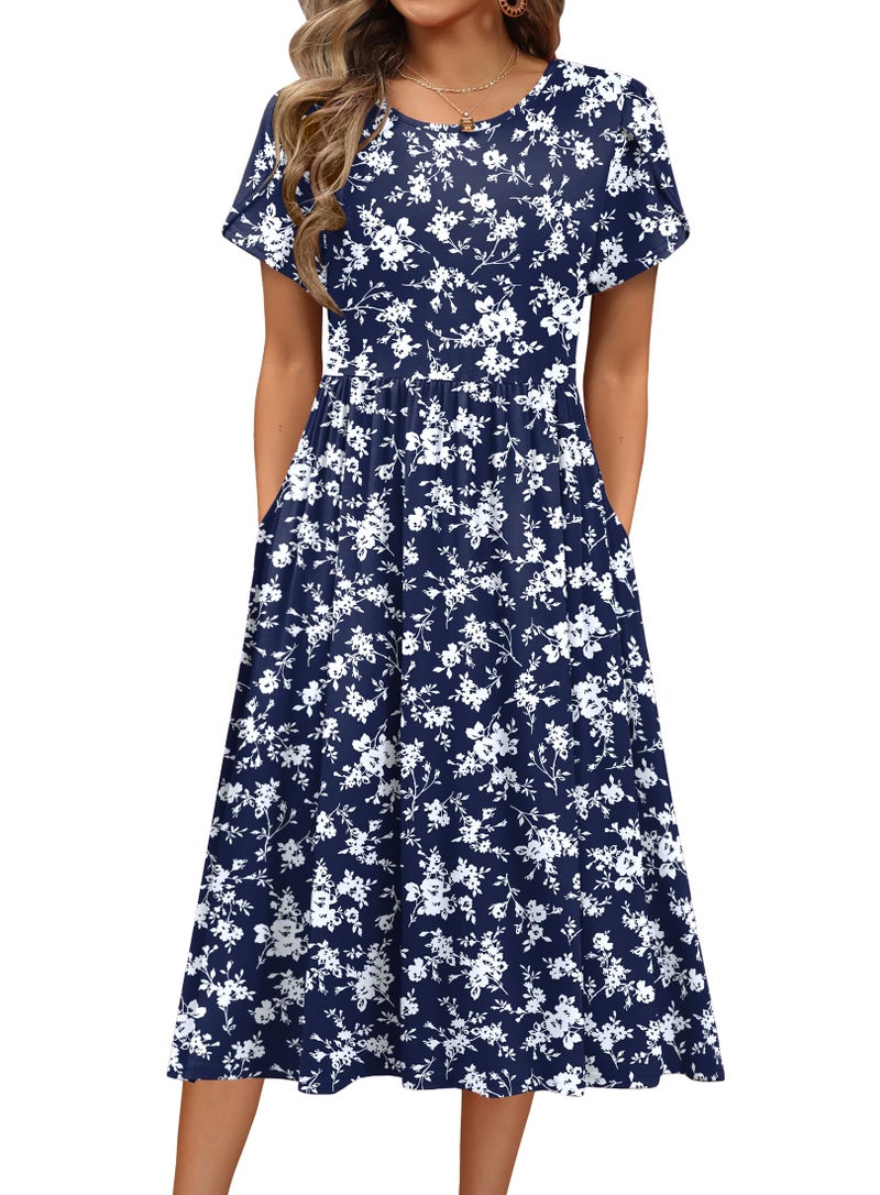 HOTOUCH Womens Dresses Casual Midi Aline Flowy Tshirt Dress Hawaiian Print Floral Summer Dresses with Pocket Short Sleeve Aline Sundress - Image 1