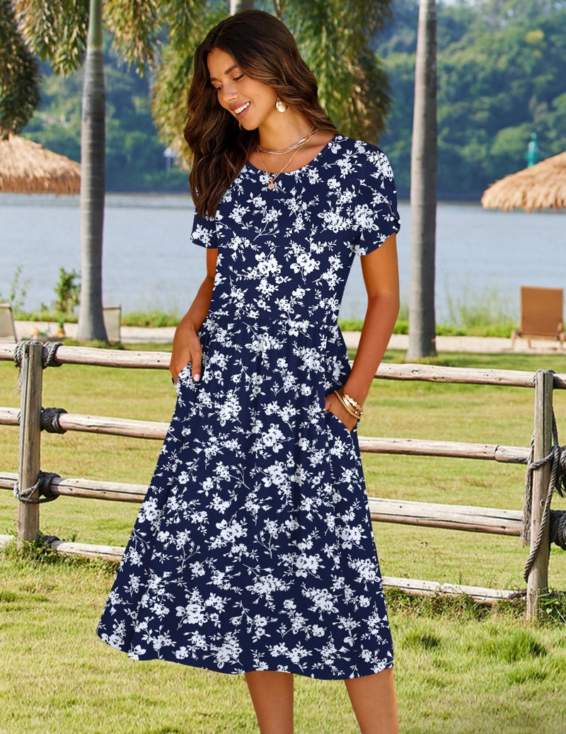 HOTOUCH Womens Dresses Casual Midi Aline Flowy Tshirt Dress Hawaiian Print Floral Summer Dresses with Pocket Short Sleeve Aline Sundress - Image 4