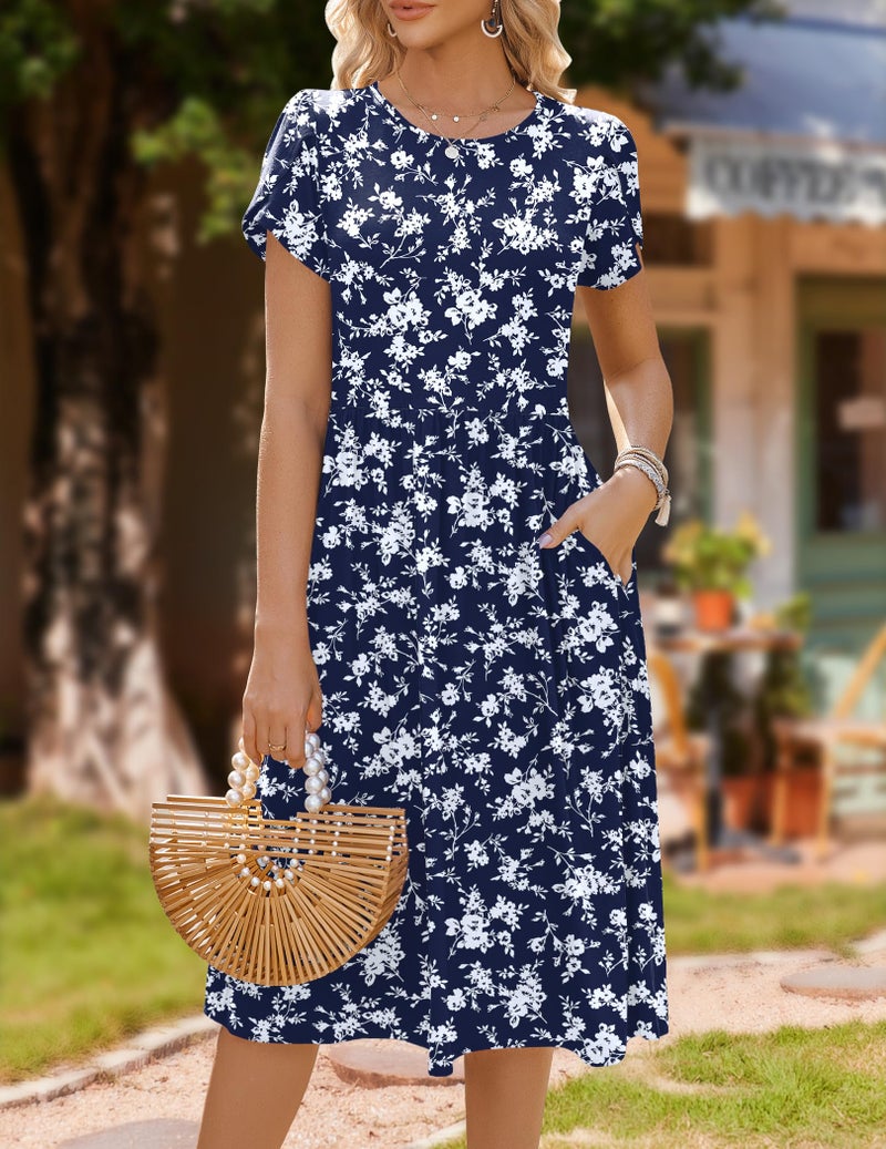 HOTOUCH Womens Dresses Casual Midi Aline Flowy Tshirt Dress Hawaiian Print Floral Summer Dresses with Pocket Short Sleeve Aline Sundress - Image 2