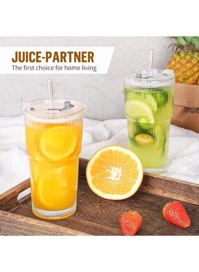 KITCHENOO Ribbed Glass Tumbler with Airtight Lid and Straw Pack of 1, 600ml Travel iced Coffee Sipper Mug for Juice Cocktail Green Tea Smoothie Hot Cold Drink Cup Home & Office - Image 2