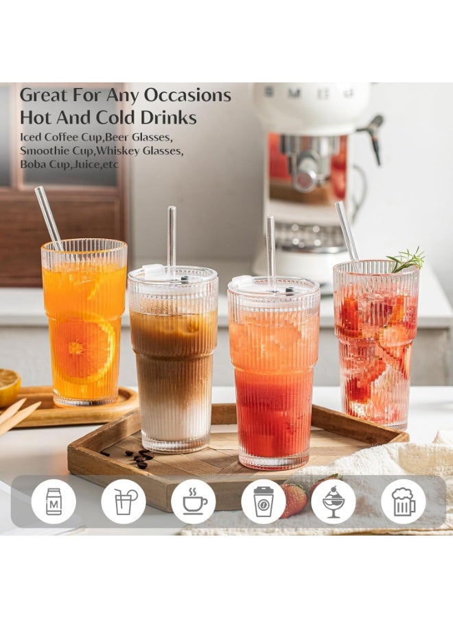 KITCHENOO Ribbed Glass Tumbler with Airtight Lid and Straw Pack of 1, 600ml Travel iced Coffee Sipper Mug for Juice Cocktail Green Tea Smoothie Hot Cold Drink Cup Home & Office - Image 3