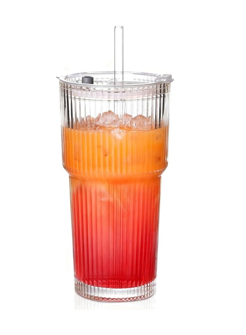 KITCHENOO Ribbed Glass Tumbler with Airtight Lid and Straw Pack of 1, 600ml Travel iced Coffee Sipper Mug for Juice Cocktail Green Tea Smoothie Hot Cold Drink Cup Home & Office - Image 1