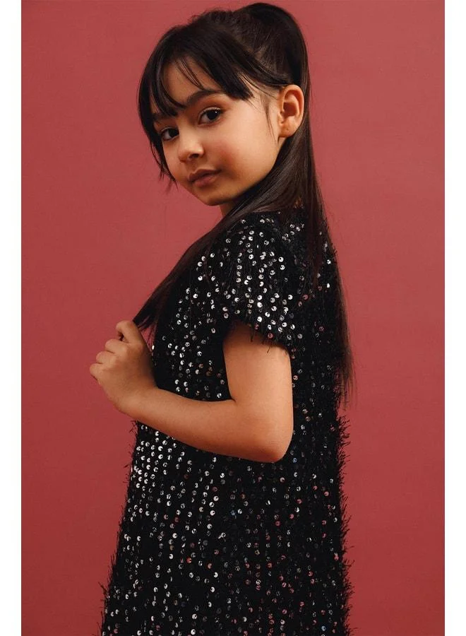 Perendi Girl's Sequin Fringe Tulle Detailed Long Dress – Special Occasion Holiday Dress.