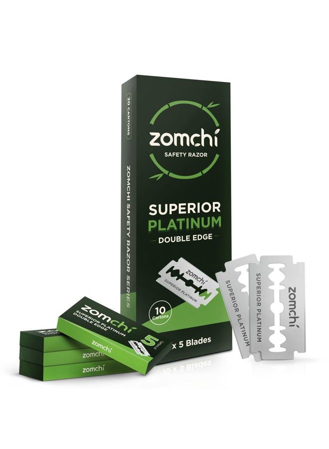 zomchi شفرات حلاقة مزدوجة الحافة، 50 قطعة شفرات حلاقة آمنة للحلاقة، شفرات حلاقة من الفولاذ المقاوم للصدأ بلاتينيوم للرجال والنساء، تناسب جميع شفرات الحلاقة مزدوجة الحافة القياسية - Image 1